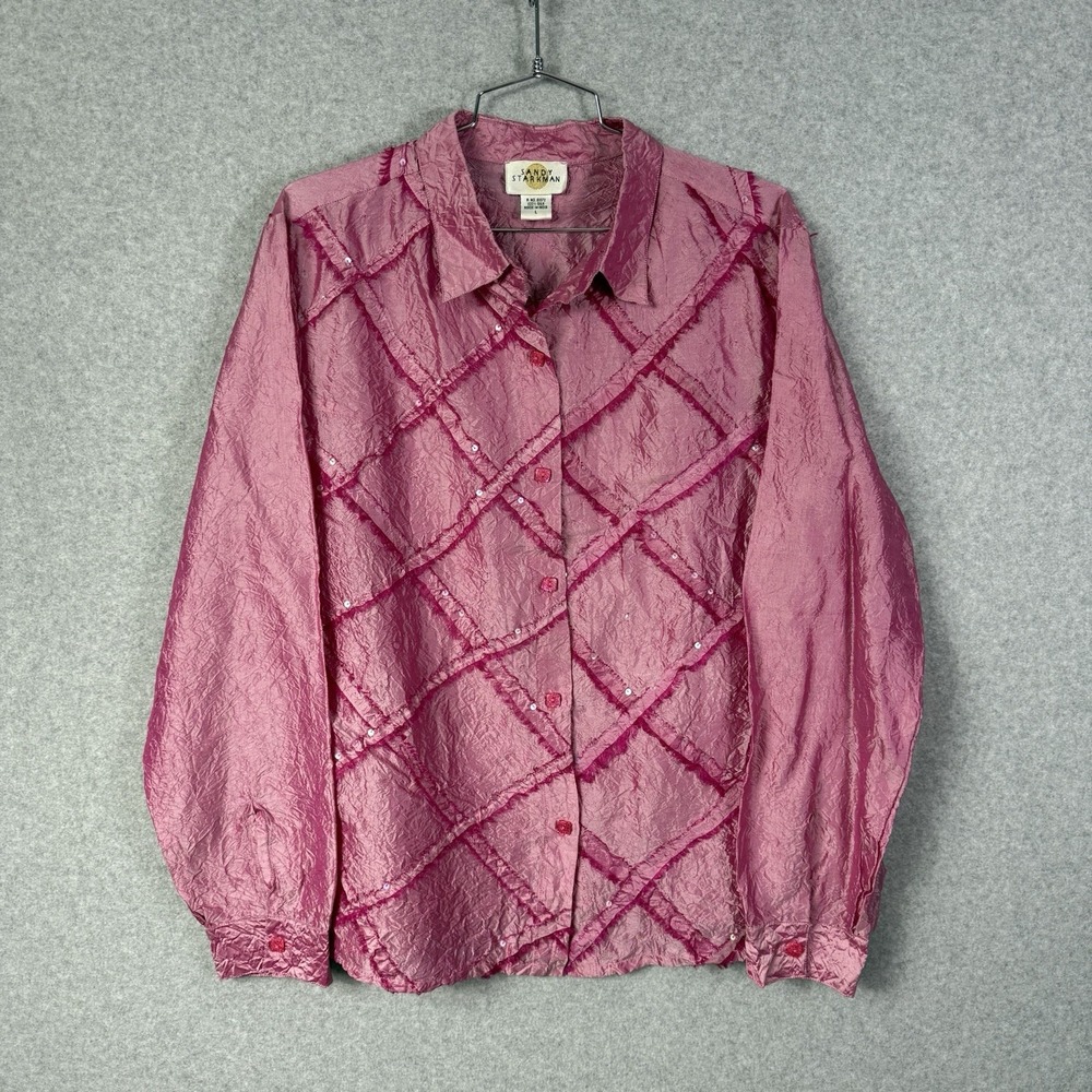 Sandy starkman button up shirt womens large silk pink fringe blouse vintage